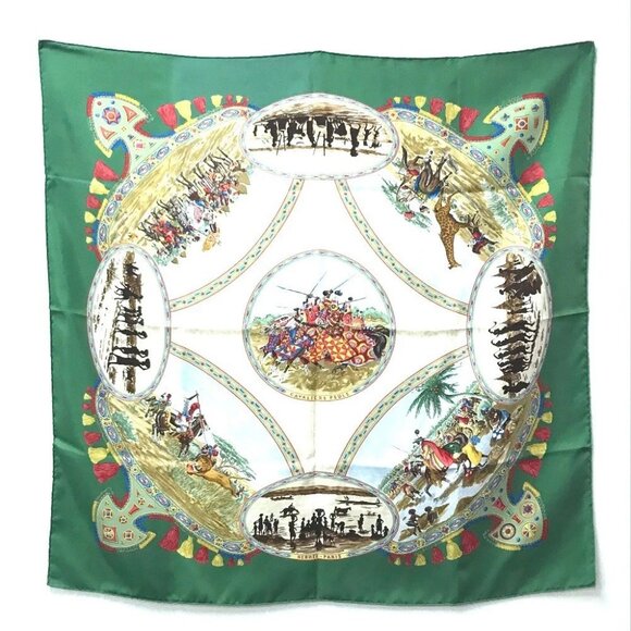 HERMES Carre90 Carre 90 CAVALIERS PEULS Poole jockey Scarf silk Green - Picture 1 of 12